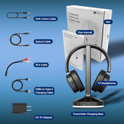 Wireless Headphones for TV Watching, TV Headphones Wireless for Seniors with 3 Audio Modes, Headphone for TV with Transmitter Charging Base, No Delay Over Ear Headset, Gifts for Parents/Elderly