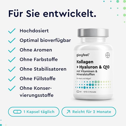 Kollagen + Coenzym Q10 + Hyaluronsäure - Premium: Marine Collagen - Mit Zink, Magnesium, Vitamin B12, D3, A & C - 60 Kapseln - Laborgeprüft, hochdosiert ohne Zusätze in Deutschland hergestellt