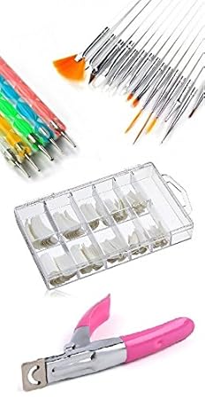 Kelley Nail Art Tools Brushes 15 Pieces & Dotting Pen 5 Pieces For Women Girls Fingernail Decoration Art Design Painting Drawing With French White 100 Assorted Nail Tips And Nail Art Edge Cutter Uv Acrylic False Nail Clipper Tips Hot Selling Tools