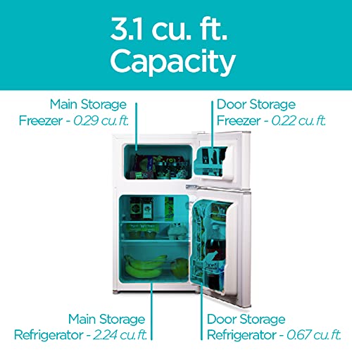 BLACK + DECKER 3.1 Cu. Ft. Compact Two Door Refrigerator with Freezer, ENERGY STAR Certified Mini Fridge, 0.9 Cu. Ft. Freezer, Interior Light, R600a Refrigerant, BCRDK32W, White