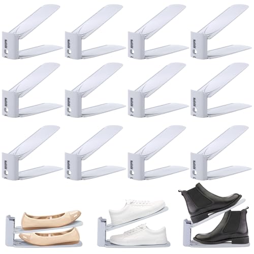 12 x Space-Saving Shoe Racks, Adjustable Shoe Storage with 3 Levels, Non-Slip Shoe Organizer, Shoe Holder for Storage and Display of High Heels, Sports, Flip-Flops
