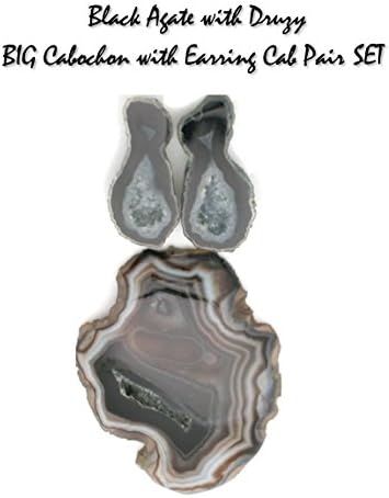 Genuine Black Agate with Druzy BIG Gemstone Cabochon with Earring Cab Pair SET for Jewelry Making, UNDRILLED