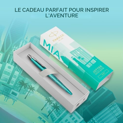 Jotter Stylo bille | Édition spéciale | Turquoise Miami avec finition chrome | Pointe moyenne | Encre bleue | Coffret cadeau géométrique