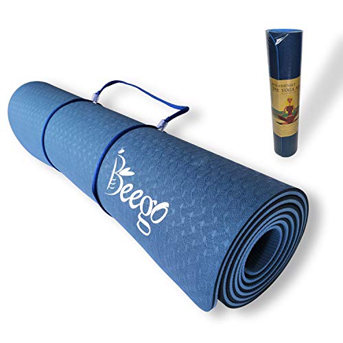 Beego Yoga Mat 1/4 inch Eco Friendly TPE Non Slip Yoga Pilates and Floor Exercise Mat with Carrying Strap (Blue)