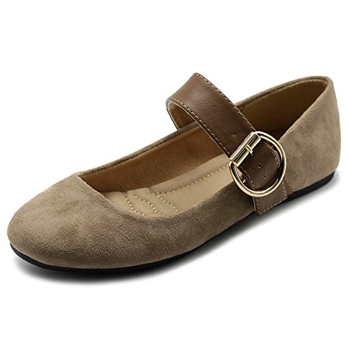 Ollio Women's Shoes Faux Suede Mary Jane Belt Slip On Comfort Light Ballet Flats ZY00F57 (6 B(M) US, Beige)