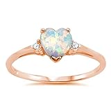 925 Sterling Silver Promise Ring Rose Tone Rhodium PL Heart shape Lab Created White Opal round Clear CZ accent