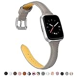 TOYOUTHS Leather Strap Compatible with Fitbit Versa Bands, Slim Genuine Leather Wristbands Replacement for Versa Lite Special Edition Versa Classic Accessories Pins Gray+Silver Buckle