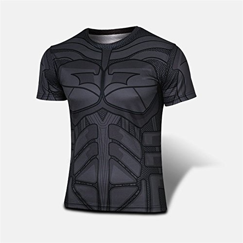 MCU Super Hero Print Short Sleeve Compression Fit Polyester Costume / Fitness Shirt (XL, Batman)