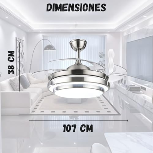 Megaluz F500VL01 Ventilador de techo con lámpara led y control remoto y APP, 42 pulgadas, luz fría, cálida y neutra, aspas retractiles, Abanico 3 velocidades y motor silencioso (Metal satinado).