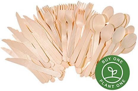 300 Disposable Wooden Cutlery Set • Eco-friendly Compostable Birchwood • 100 Forks • 100 Knives • 100 Spoons • 6 inch