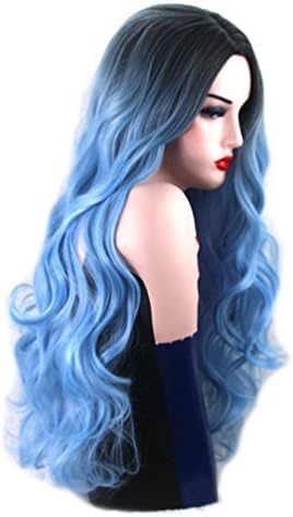 YongerBeauty Fashion Long Wavy Synthetic Wigs Heat Resistant Fiber Wig Dark Root Ombre Grey/Burgundy/Blue Color for Women Dress (Blue)