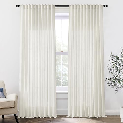 Photo 1 of Extra Wide Curtains 70 In Width for 60 & 72 Inch Window,Pleated Back Tab Linen Semi Sheer Full Length Curtains for Living Room Sliding Glass Door 2 Panel Set,72x96,70x96,6FT x 96 Inches Long,Cream