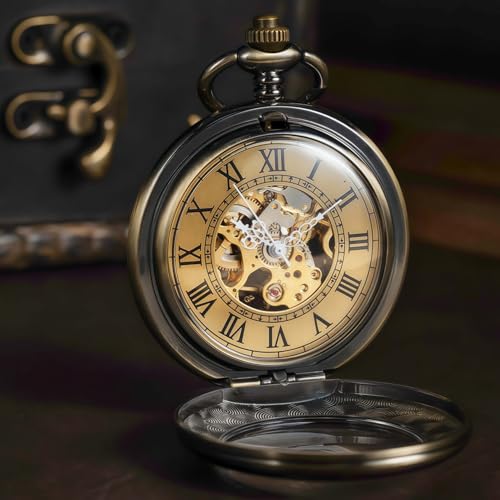 DerMacht Mechanical Pocket Watch, for Men Women Special Magnifier Half Hunter Engraved Case Roman Numerals with Chain
