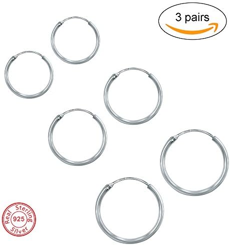 Epoch World925 Sterling Silver Hoop Earrings, Round Sleeper Earrings for Women and Girls- Set of 3 Pairs 3 Sizes