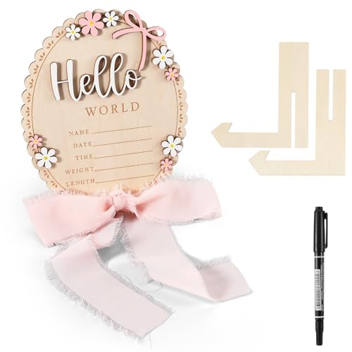 Tucnoeu Baby Announcement Sign, Wooden Hello World Newborn Welcome Sign, Bow Birth Stats Signs Newborn Photo Prop, Monthly Milestone Wood Discs(Ribbon)