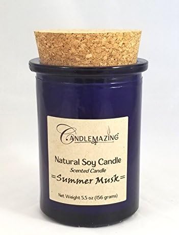 Summer Musk Scented Soy Candle, 100% Eco Friendly Soy Wax in Unique Cobalt Blue Glass Jar with Cork Lid