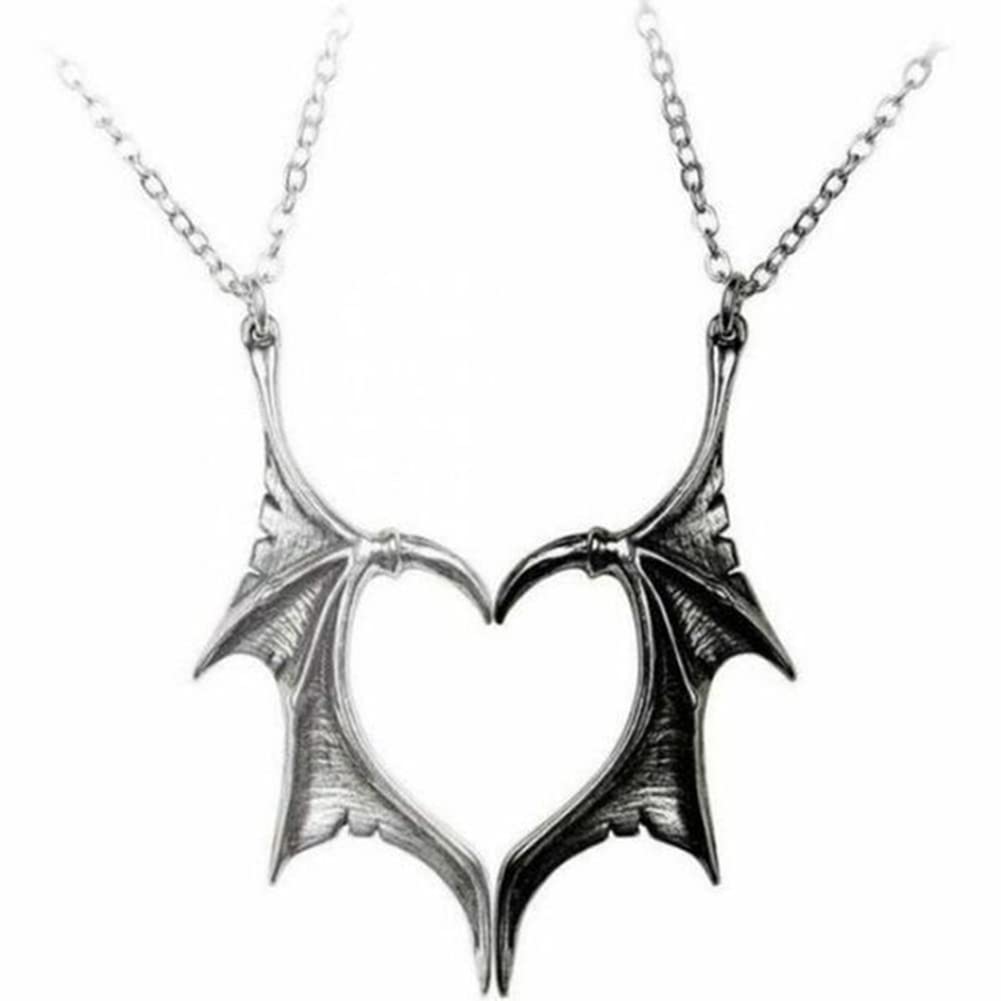 chengxun Bat Wing Love Heart Stitching Couple Necklace Batwing Pendant Friendship Family Necklace for Men and Women