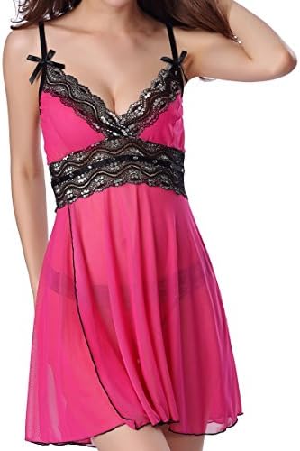 AryaLove Women's Lace Robe Mesh Chemise Nightgown V Neck Strap Babydoll Lingerie Sleepwear
