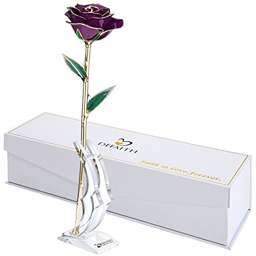 DEFAITH Purple 24K Gold Rose, Unique Anniversary Gifts for Mother Wife Girlfriend Her Women, Made from Real Rose Flower with Stand