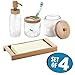 mDesign Glass Soap Dispenser Pump, Canister Jar for Cotton Balls/Swabs, Cosmetic Organizer Tray, Toothbrush Holder - Set of 4, Clear/Natural Bamboo