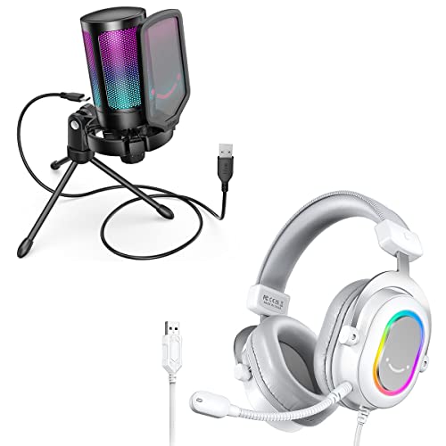 FIFINE Gaming Microphone, White USB Headset, Gamer Bundles for PC