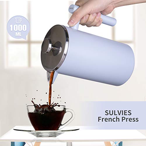 SULIVES Large Stainless Steel French Press Coffee Maker Double Wall Vacuum Insulated Stainless Steel Body- 34 oz/ 1000 ml - BLUE