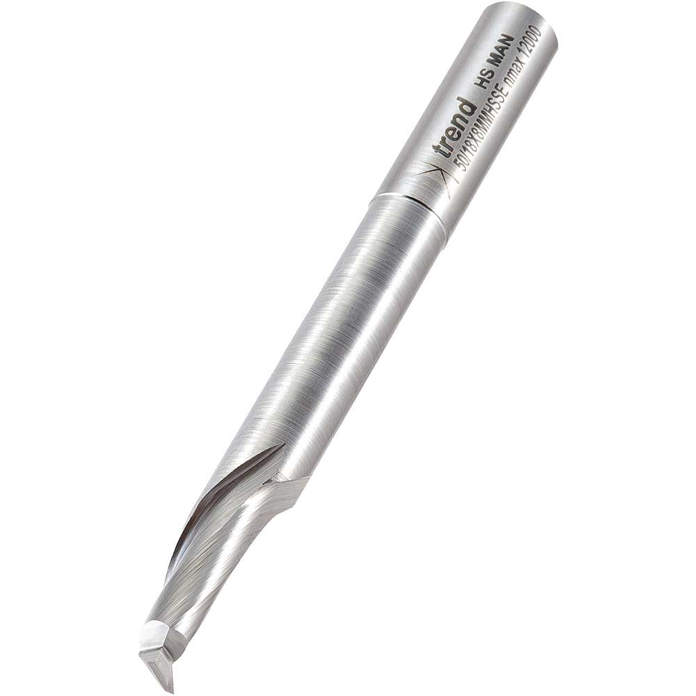 Trend Professional Single Flute Helical Plunge Router Cutter Bit with Narrow Extended Neck, 8mm Shank, 8mm Cut Diameter & 14mm Cut Length, High Speed Steel, 50/18X8MMHSSE