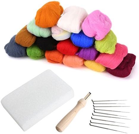 Julyshop 16 Colors Wool Felt + Needles Felt Tool Set Needle Felting Mat Starter Kit Gifts