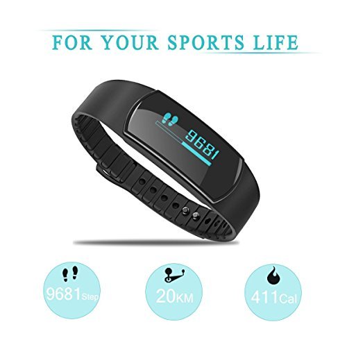 SinoPro Bluetooth Fitness Tracker Smart Bracelet Wristband with Touch Screen Sleep Monitor Pedometer Activity Tracker Call Reminder Remote Capture Functions for iPhone and Android Smartphones (Black)