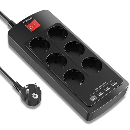 POWSAF Regleta di prese con porta USB-C, 6 prese di corrente, 3 porte USB-A e 1 porta USB-C, con interruttore, adatta per il lavoro da casa - Nero.