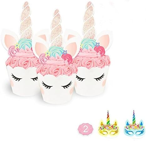 Suppar Unicorn Cupcake Toppers and Wrappers, Birthday Party Supplies,Kids Party Cake Decorations， Unicorn Horn Cake Decoration for Birthday Party