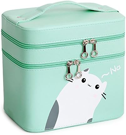 MLIIZYKKI Mirror Double Layer Makeup Case Cat Box Storage Bags Cases Set Cosmetic Bag (Green)
