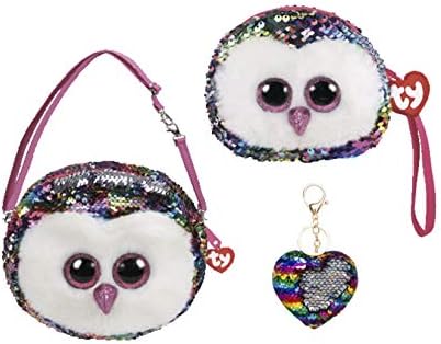 ReBL LLC Bundle of TY Fashionable Gear Color Changing Glitzy Glam Sequins Plush Purse and Matching Wristlet with One Heart Or Star Sequin Keychain (Owen)