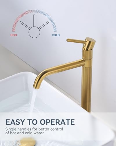 ARCORA High Basin Tap, High Single Lever Mixer, 360° Rotating, Ceramic Cartridge, Solid Brass Stainless Steel, Smooth Temperature Adjustment, for Bathroom Sink, Gold