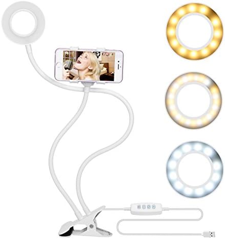 Bidafun Ring Light with Cell Phone Holder for Live Stream Dimmable 3-Light Mode 10 Level Brightness Clamp on Gooseneck Mount with Selfie Ring Light for Youtube Facebook iphone 6 7 8 x plus Samsung HTC