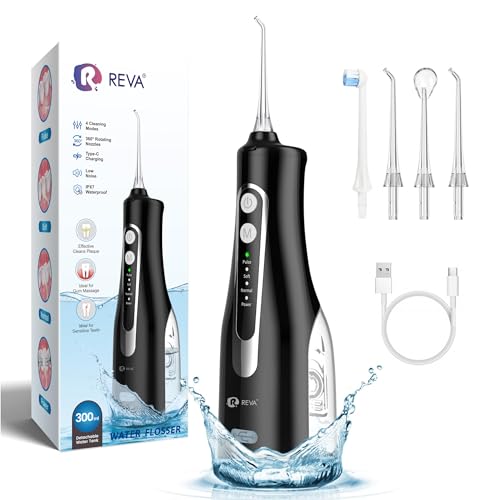 Cordless Oral Irrigator - 4 Modes Water Flosser for Teeth Cleaning, 300ML Reservoir, 360° Nozzle, IPX7 Waterproof, 2000mAh Rechargeable Battery, 4 Jet Tips, Smart Memory Function (M149 - Black)