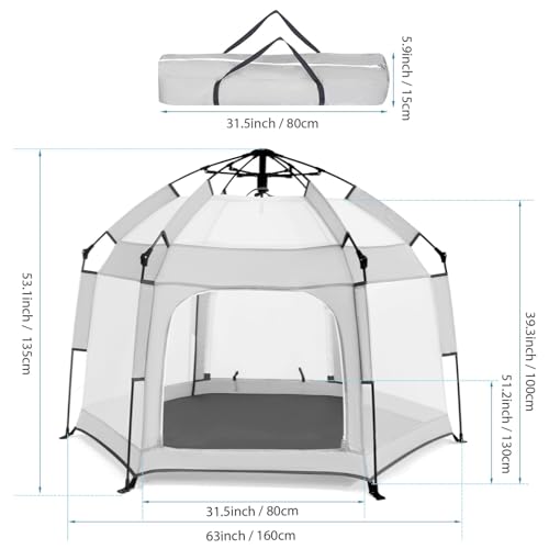 Toketa corral para bebe plegable，Parque Infantil Interior y Exterior con Malla Transpirable，Con estacas de suelo y toldo
