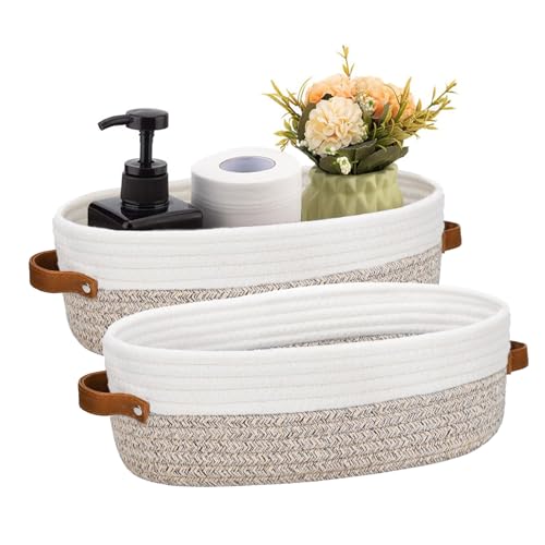 Cestas de almacenamiento para Encimera de baño, cesta de inodoro de cuerda de algodón para decoración de baño, cesta de papel higiénico, con mango de cuero,13 X 5.9 X 4 Pulgadas (2 caqui)