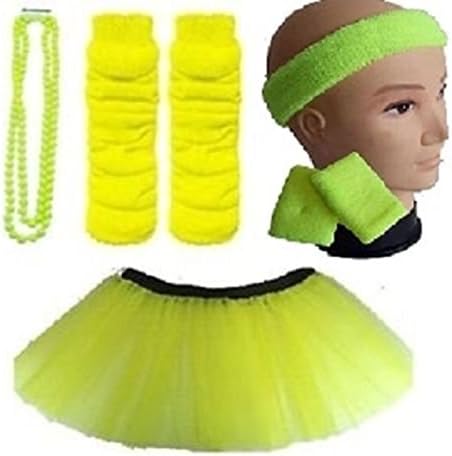 Child 8-12 Years - Neon Tutu, Headband, Wristbands, Legwarmers &amp; Beads Necklace (Neon Yellow)