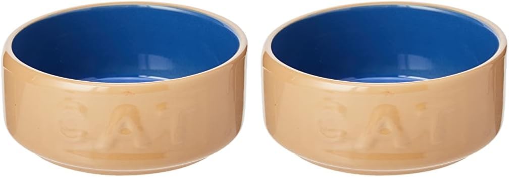 Mason Cash Cane & Blue Lettered Stoneware Cat Bowl, 12 cm (Pack of 2)
