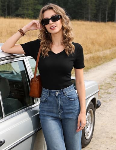 Totatuit Women's Short Sleeve V-Neck Ribbed Fitted Basic Top Elegant and Comfortable for Summer