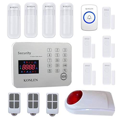 KONLEN Wireless Home GSM Alarm Security System LCD Voice SMS Call Android IOS App Remote Control with Mini PIR Motion Detector Door Window Sensor Doorbell Panic Button Strobe Siren
