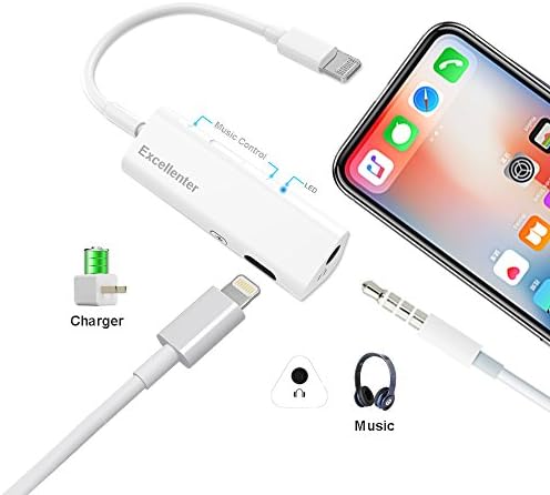 Excellenter Lightning to 3.5mm Headphone Jack Adapter, 2 in 1 Lightning Charger Earphone Adapter &amp; Splitter, 2 in 1 Aux Audio and Charge Cable Music Adapter for Iphone X/8/7 (IOS 10.3 and later)