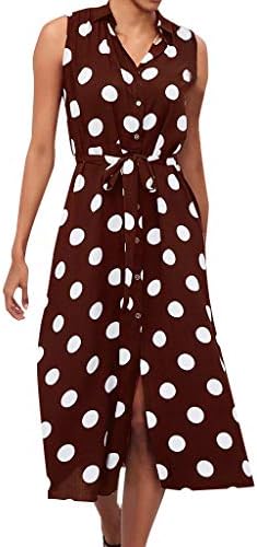 AKwell Women Boho Dress Polka Dot Prints V Neck Waist Lace Up Sleeveless Dress Scoop Sleeveless Mother Dress