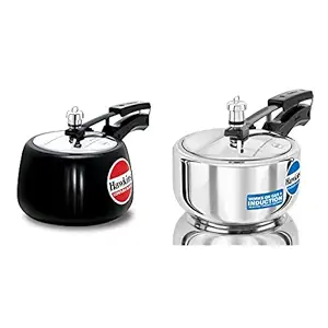 Hawkins Contura Hard Anodised Aluminium Pressure Cooker, 3 Litres, Black & Hawkins Stainless Steel Pressure Cooker, 2 Litres, Silver