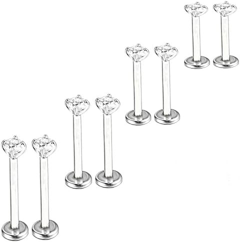 Nicever 16G Stainless Steel Cubic Zirconia Labret Lip Ring Helix Tragus Helix Stud Earrings 6-8 Pieces