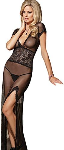 LOHASBEE Women Sexy Lingerie Plunging Neck Split Sexy Robe Nightwear Set Black