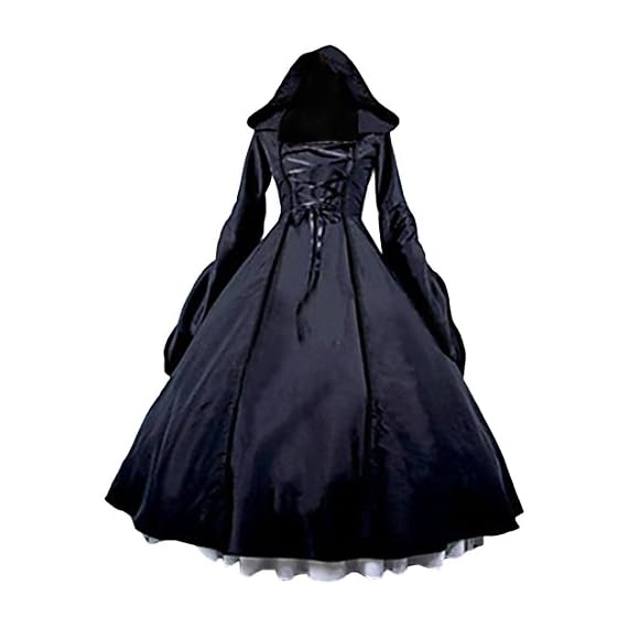 Partiss-Womens-Gothic-Victorian-Poplin-Long-Sleeve-Hooded-Halloween-Lolita-Witch-Dress-M-Black