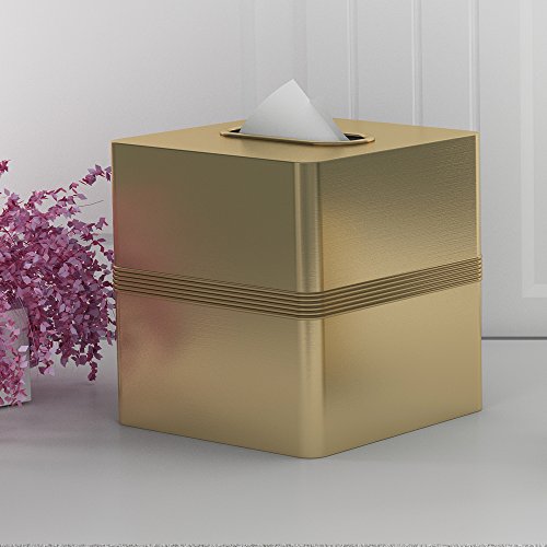 nu steel JW9H Square Paper Facial Tissue Box Cover Holder for Bathroom Vanity Countertops, Bedroom Dressers, Nightstands, Desks and Tables Gold Finish, Rich - Thumbnail 3
