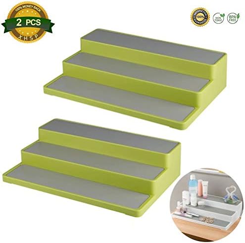 XHSP 2 Pack 3-Tier Non-Skid Cabinet Shelf Organizer Spice Pantry Cabinet Organizer Rack 14.6" × 9.5" × 3.3" Storage Organizer for Kitchen Bathroom